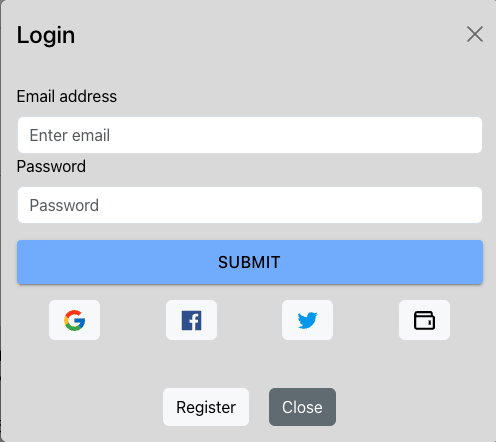 Login Modal. User can enter Email Address and password or sign in through google, facebook, twitter, or connect wallet. Below is also a Register button and a close modal button. The top left has an "X" icon also for closing the modal